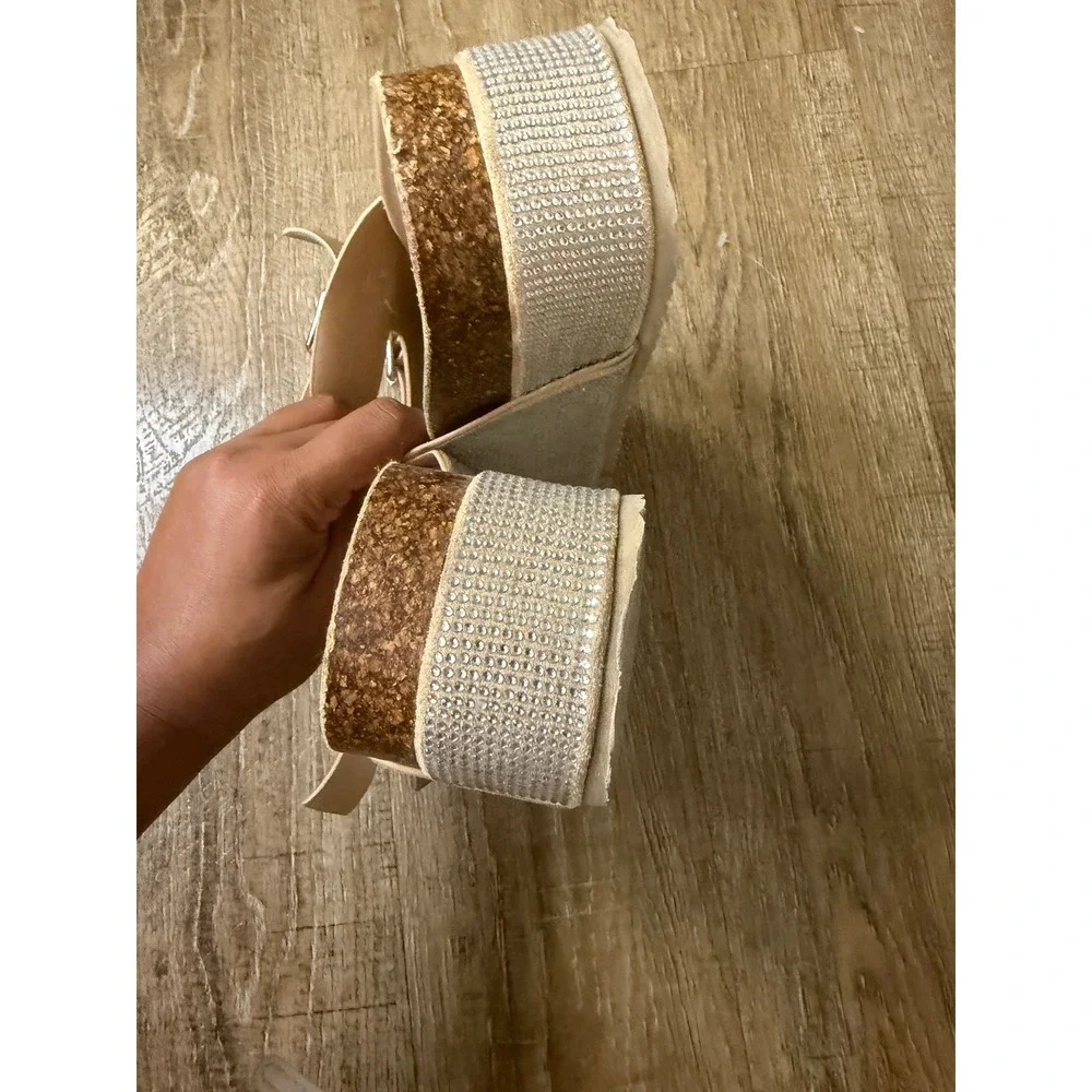 Forever 21 Rhinestone Platform Slide Sandals Tan Beige Double Buckle Size 8